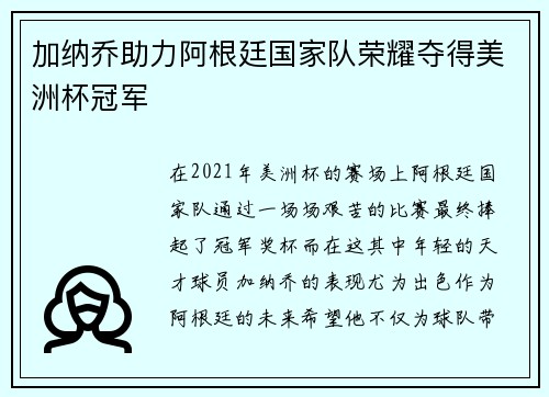 加纳乔助力阿根廷国家队荣耀夺得美洲杯冠军
